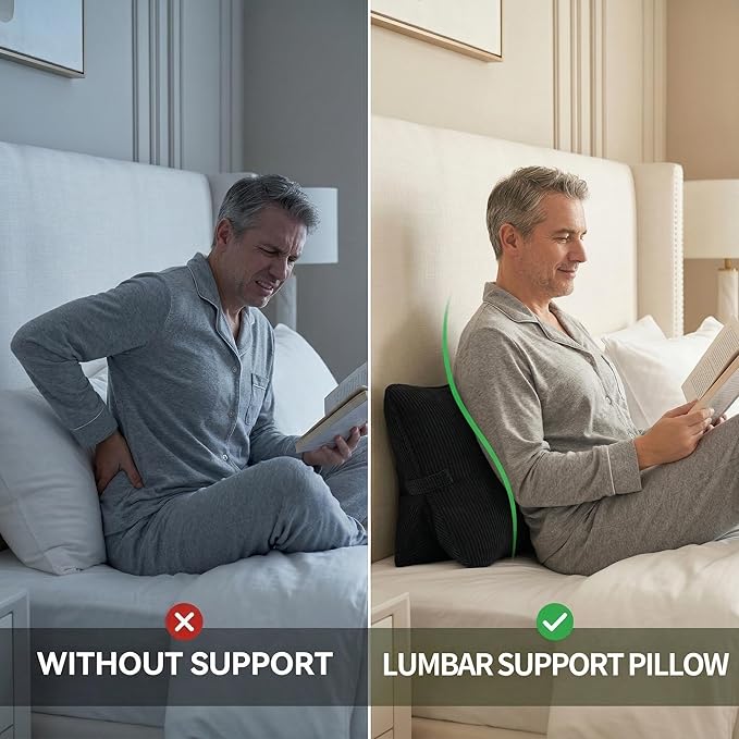 Pat. Pend. Corduroy Lumbar Support Back Pillow for Sitting, Back Cushion for Sofa or Bed Sitting, Gaming, Reading & Watching TV, Ergonomic Triangle Backrest Pillow, Lamp Black