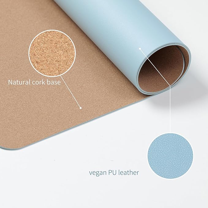 RENMTURE Dual-Sided Large Desk Pad, Faux Leather Natural Cork Mouse pad, Desk Accessories Protector, for Office and Home Work (Light Blue, 23.6" x 13.7")