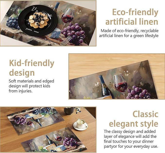 Watercolor Wine and Cheese Linen Placemats Set of 6, Decorative Table Mats 12x18 Inch, Washable Heat Resistant Placemats for Dining Table Kitchen Home Decor