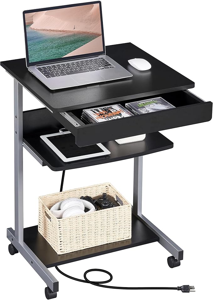 Topeakmart Mobile Laptop Desk Compact Computer Table on Wheels with Power Outlet and USB Ports, Home Office Writing Desk with Charging Station and Printer Shelf Small Desk 22in for Space Saving, Black