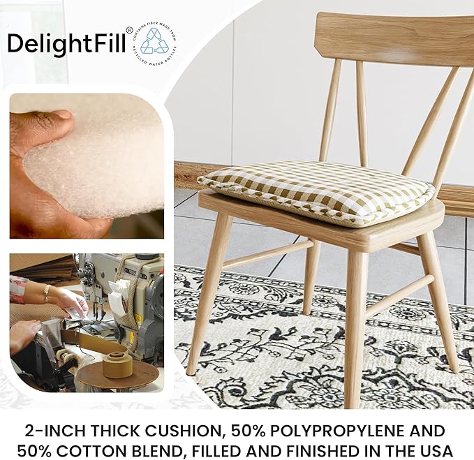 Klear Vu Omega Non-Slip Chair Cushions, Assembled in USA, U-Shaped Skid-Proof Seat Pads for Dining Room, Kitchen, Office, 15"x16" 6 Pack Gingham Natural 6 Count