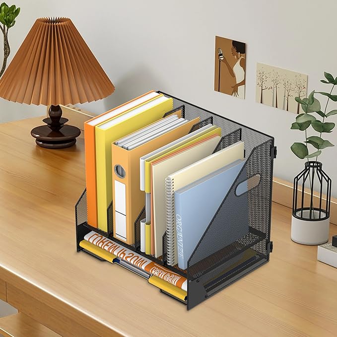 DALTACK Magazine File Holder, 4 Vertical Compartments Rack Binder Organizer with Paper Tray, Metal Magazine Organizer for Office, Home, School (Black)