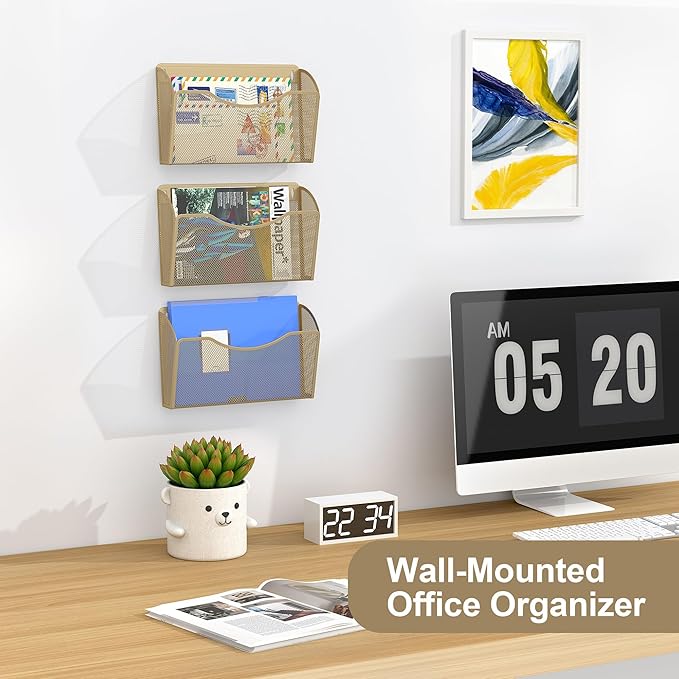 EasyPAG 3 Pack Wall File Organizer, Metal Mesh Hanging File Folder Holder for Letter/A4 Size Folders, Vertical Wall Mount Mail Sorter for Office Paperwork, Classroom, Gold