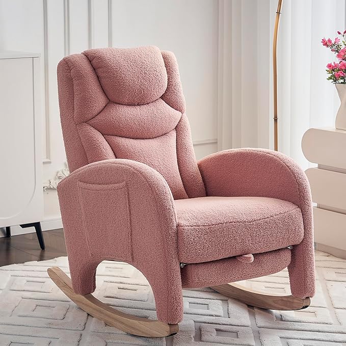 Comfy Rocking Chair Nursery Glider, Upholstered Nursery Chair with Foot Rest, Modern Rocker Chair with Pocket, Accent Armchair with Smooth Rocking Base for Nursing, Reading, Relaxing (Pink Teddy)