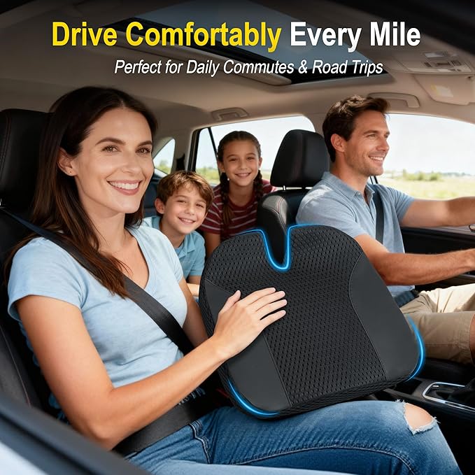 Lofty Aim Car Seat Cushion: Ergonomic Memory Foam Cushion for Driving and Long Drives, for Sciatica and Back Pain, Seat Pillow for Car, Truck, Office Chair, Home, Wheelchair- Black