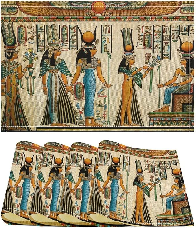 Ancient Egyptian Placemats Golden Egyptian Architecture Pyramid Old History Mural Linen Washable Table Mats Stain Heat-Resistant Desktop Decor Place Mats for Home Kitchen Dining Party 12x18 in 6 Pcs