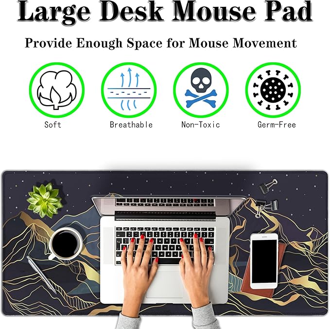 Extra Large Mouse Pad Golden Desktop Pad Keyboard Mouse Pads Desktop Mats Big Gaming Mousepad Waterproof Non-Slip Rubber Base 35.4 X 15.7 for Game Office, Sunset Mountains Art
