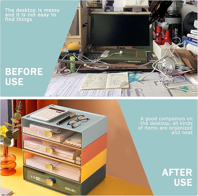 Stackable Desk Drawer Organizer 13''x9''x3.3'' Desktop Paper Organizer for Printer Paper File Office Drawer Organizer Box Clear Storage Drawer for Stationery, School, Dorm(Yellow,L-1 Drawer)