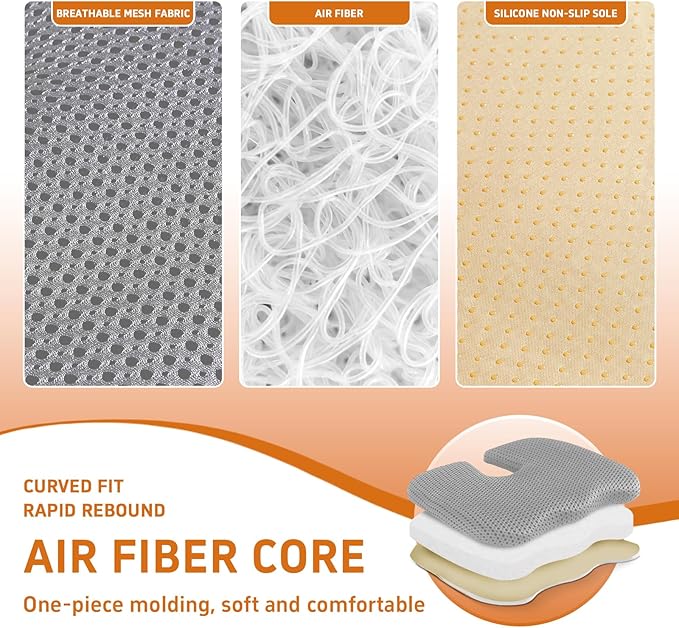 Gooo&Ma Office Chair Cushion - Air Fiber Seat Cushion for Tailbone Pain Relief, Breathable Cooling U-Shape Desk Chair Pad for Car & Gaming, Ergonomic Memory Foam Alternative Washable(Grey)