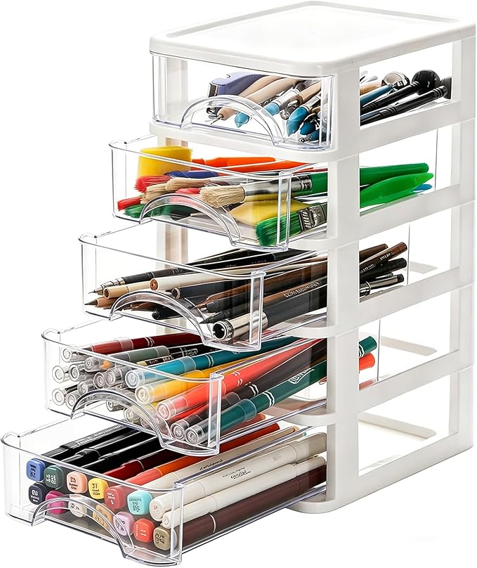 Plastic Desktop Drawer Organizer, Small Clear 5-Tier Storage Drawers, Mini Desk Organizer for Office Stationery Makeup Vanity Supplies
