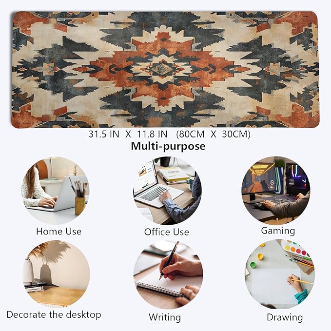 Western Mouse Pad,Western Desk Accessories,Vintage Kilim Large Mouse Pad,Rustic Southwestern Aztec Tribal Desk Mat,Boho Ethnic Mousepad Cowboy for Home Office Dorm Desktop Decor,31.5x11.8 Inch