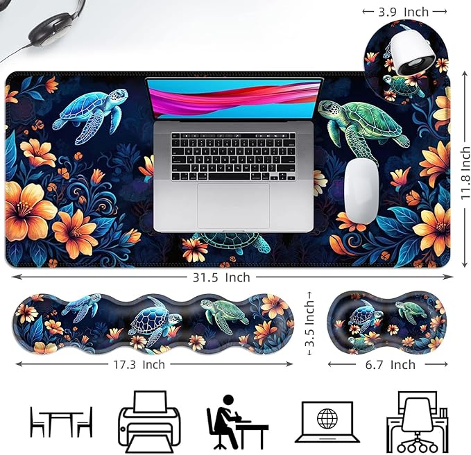 Ergonomic Mouse Pad Set with Wrist Support for Keyboard and Wrist Rest for Mouse, Memory Foam Comfort, Non-Slip Large Desk Mat for Home Office Pain Relief,Sea Turtle with Flower