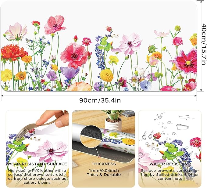 BLESWIN Leather Desk Mat 35.4" x 15.7", Laptop Desk Pad Computer Mat, Non-Slip PU Floral Desk Mat, Waterproof Large Mouse Pad for Office, Home, Gaming (Flower,35.4" x 15.7")