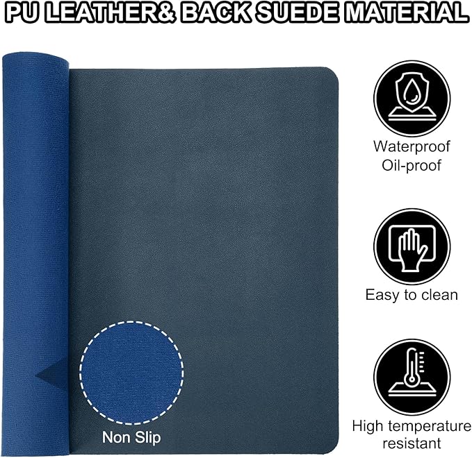 Patikil Desk Mat - 35"x17" Non-Slip Waterproof PU Leather Desk Pad Dual Sided Office Home Work Study, Dark Blue