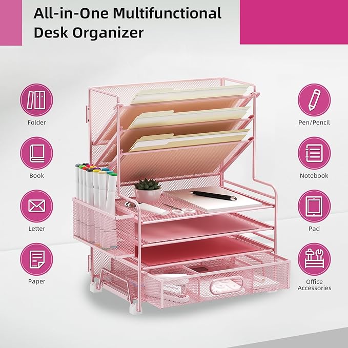 MINDEPOT 4-Tier Paper Organizer + 3-Pocket File Holder + Drawer + Pen Holders, Desktop File Organizers Paper Tray for Office Supplies School Classroom Organization (Pink, with Drawer & Pen Holder)