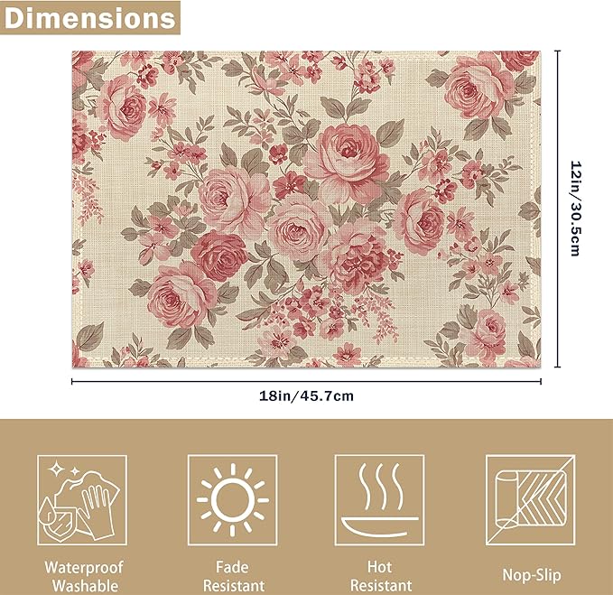 Floral Pink Flowers and Leaves Table Placemats Set of 6, Linen Placemats 12x18 Inch, Washable Non Slip Heat Resistant Mats for Dining Table Kitchen Indoor Use
