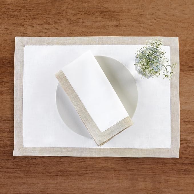 Solino Home Linen Napkins Set of 4-100% Pure Linen Light Natural and White Dinner Napkins Cloth 20 x 20 Inch for Spring, Summer - Classic, Handcrafted and Machine Washable