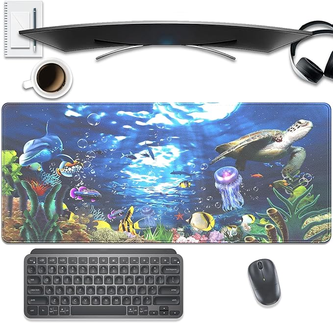 Turtle Large Gaming Mouse Pad Desk Pad, 27.5x11.8in Extended Keyboard Mouse Mat with Stitched Edges, Waterproof Non-Slip Rubber Base for Office Laptop Computer Home