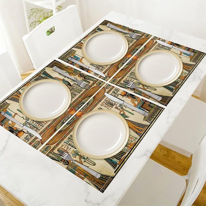Ancient Egyptian Placemats Golden Egyptian Architecture Pyramid Old History Mural Linen Washable Table Mats Stain Heat-Resistant Desktop Decor Place Mats for Home Kitchen Dining Party 12x18 in 6 Pcs