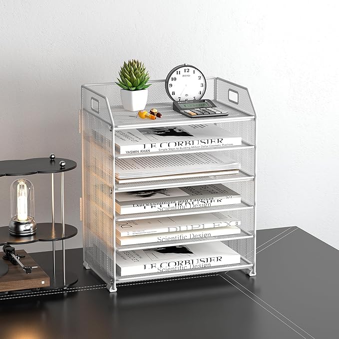 6 Trays Paper Organizer Letter Tray with Pull-Out Drawer, Assembled Mesh Desk File Holder, Metal Paper Sorter for Office Documents, White
