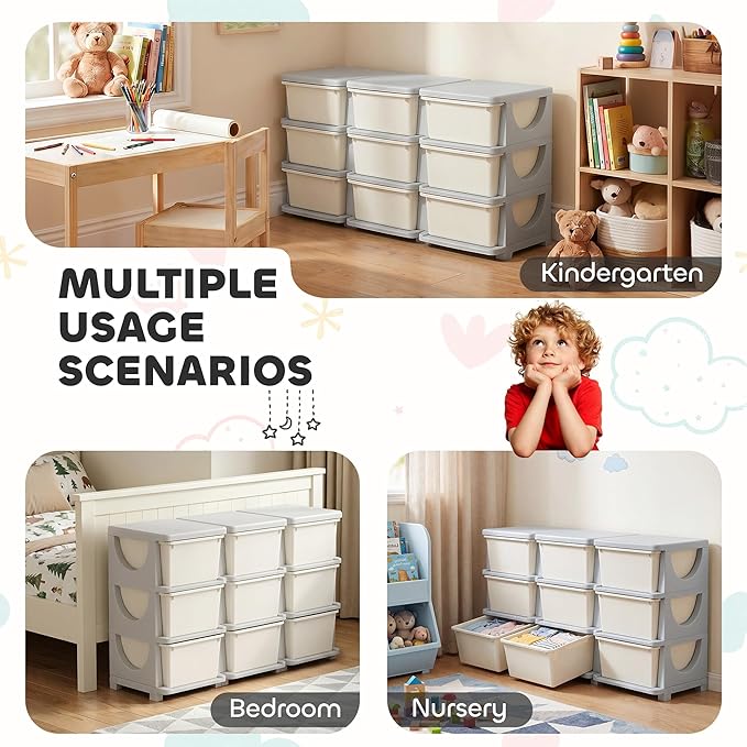 Qaba 3 Tier Kids Storage Unit, Toy Organizers and Storage with 9 Drawer Chest for Kids Bedroom Nursery Kindergarten Living Room for Boys Girls Toddlers, Cream White