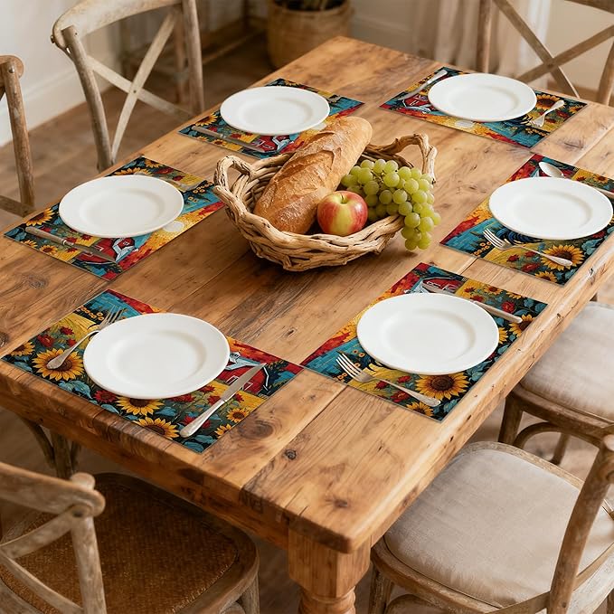 Painting Sunflowers Rooster Table Placemats Set of 6, Linen Placemats 12x18 Inch, Washable Non Slip Heat Resistant Mats for Dining Table Kitchen Indoor Use