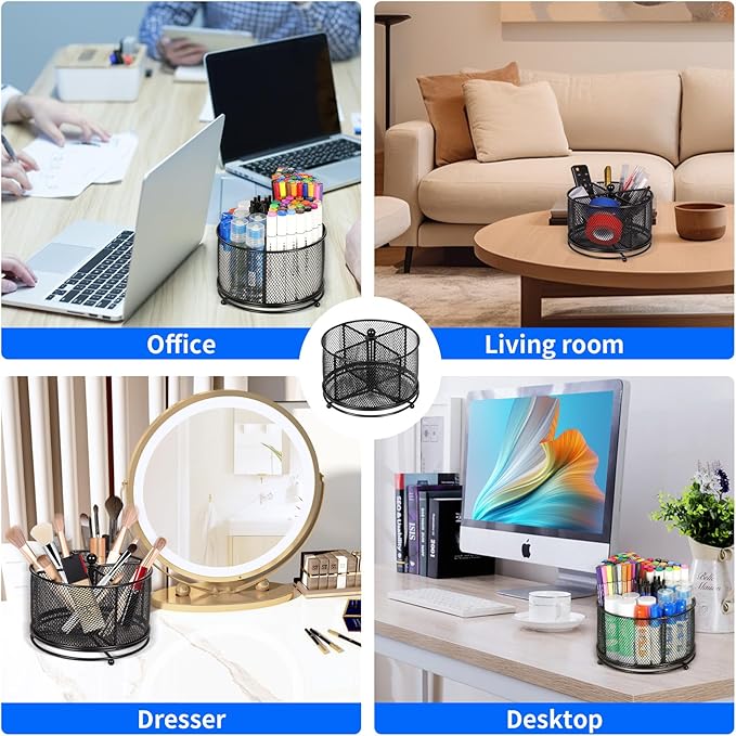 Pen Holder for Desk,360° Rotating Mesh Desk Organizer with Large Capacity 4 Compartments,Multi Functional Desk Accessories and Makeup Brush Holder for Office School Home (Black)
