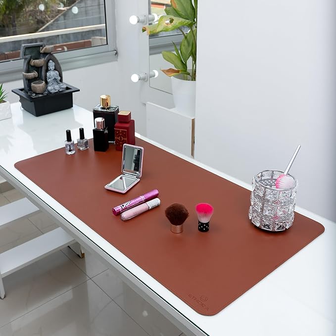 Desk Mat -Computer Desk mat with Non Slip Suede Bottom with Stitched Edges- Waterproof - Leather Desk pad PU Desk Cover for Home, Mouse, Makeup Mat for Vanity (Brown, 35.4 X 15.7)