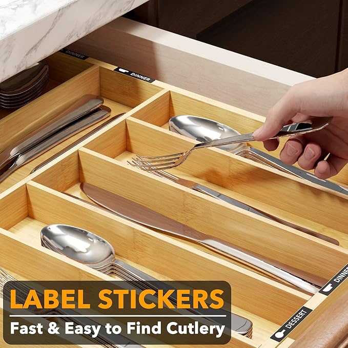 SpaceAid Bamboo Silverware Drawer Organizer with Labels, Kitchen Utensil Expandable Tray Holder Organizer for Flatware, Cutlery, Spoon and Knives Drawer Storage Organization (Natural, 10 Slots)