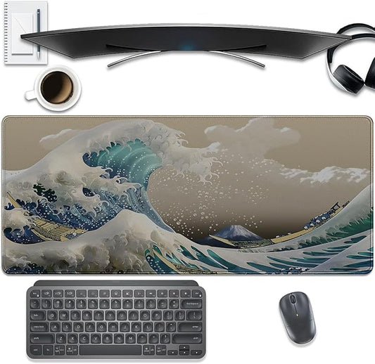 Japanese Wave Large Gaming Mouse Pad Desk Pad, 27.5x11.8in The Great Wave Off Kanagawa Extended Desk Mat with Stitched Edges, Non-Slip Waterproof Rubber Base for Office, Computer & Laptop