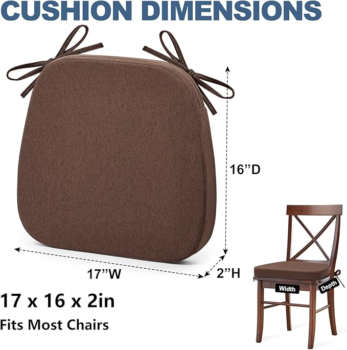 Shinnwa Dining Chair Cushion, Non-Slip Kitchen Chair Cushion with Detachable Straps and Machine Washable Cover, 17x16x2in, Brown