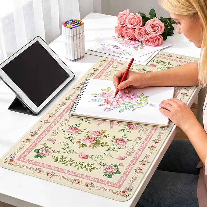 Beige Floral Boho Mouse Pad Large 35.4×15.7 Aesthetic Girly Desk Mat for Women Girls,Non-Slip Water-Resistant Pad for Home Office Gaming