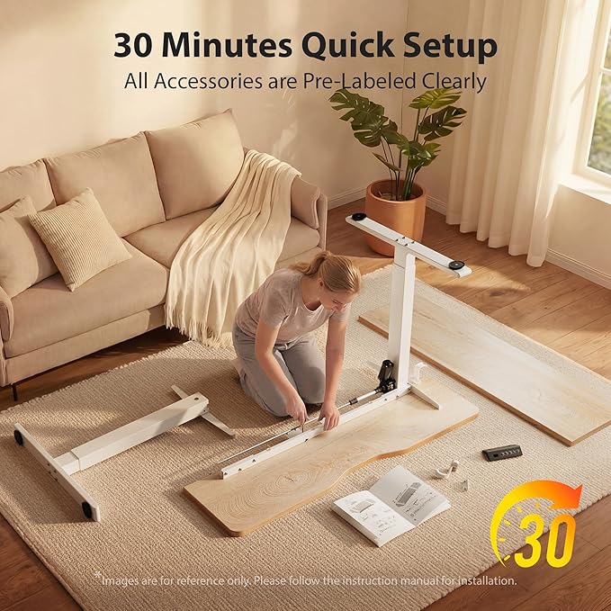 Cubiker Standing Desk, 55x28 Inches Sit Stand Home Office Desk, Electric Stand up Desk, Adjustable Desk with Splice Board, White Frame/Maple Top