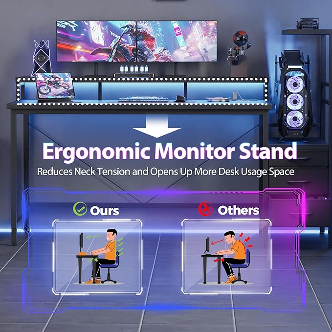 Mericonia 60 inch Gaming Desk with LED Lights & Power Outlets, Reversible Computer Desk with Storage Drawers & Monitor Stand, Large Gaming Table for Home Office