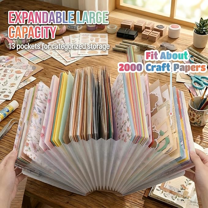 12x12 Scrapbook Paper Storage Organizer, Expandable 13 Pocket Desktop Paper Organizer Storage for Scrapbook Essentials, Large Scrapbook Storage for Photos, Washi Tape, Sticker (Blue)