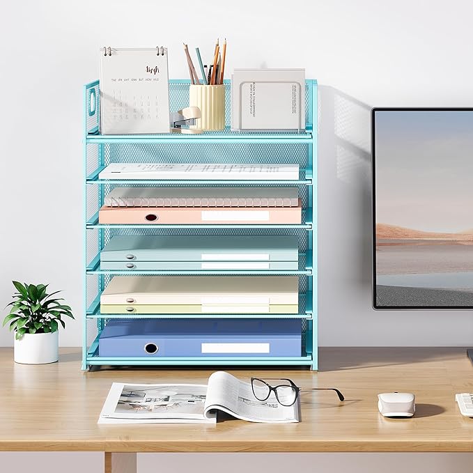 Subekyu 6-Tier Desk Paper Organizer, Desktop File Letter Tray with Handle, Document Sorter and Accessories Holder for Office, Home and School Workspace Organizers, Blue-2 Pack