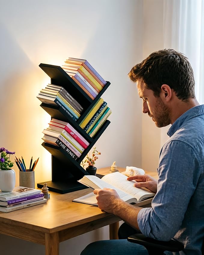 Godferyxin Bookshelf with Liting,Small Bookshelf LED and Desktop Book Shelf Light for Office, Home or School Mini Bookcase for Wood Displaying Books, CDs, Magazines Wood Shelf Rack