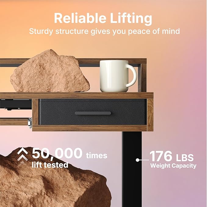 HUANUO 55″ x 26″ Electric Standing Desk with 2 Drawers &24.4″ Large Keyboard Tray, C-Clamp Mount Compatible, Adjustable Computer Desk for Office, Sit Stand Up Desk with 4 Height Presets, Deep Walnut