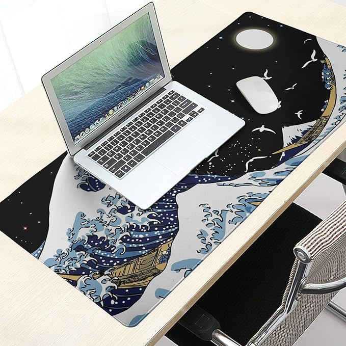 Kanagawa Surfing and Black Mouse Pad, Large Gaming Mouse Pad,Japanese Wave Desk Mat,Laptop Mousepad Non-Slip Rubber Desk Pad Keyboard Waterproof for Computer Desk Mat 11.8x31.5 in