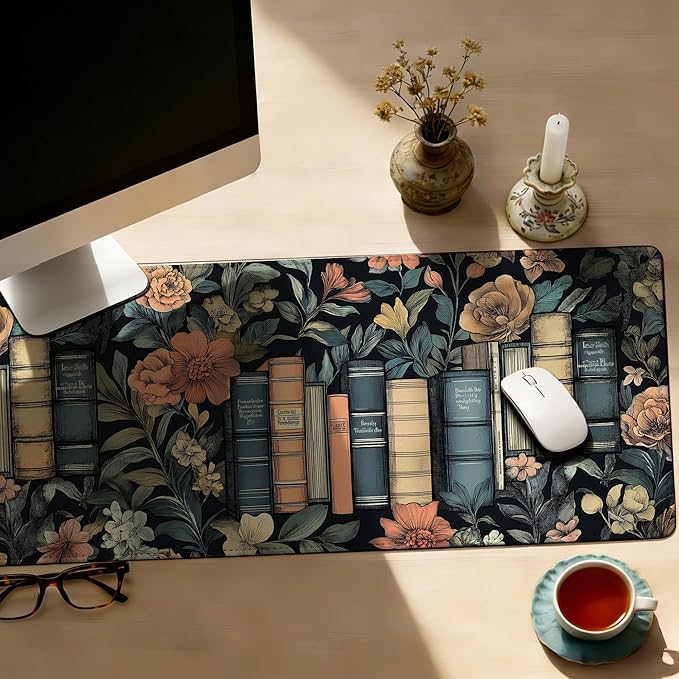 Books and Flowers Mouse Pad,35.4 x 15.7 Inch Large Mouse Mat Non-Slip Rubber Stitched Edges for Writing Desk,Office,Home,Laptop