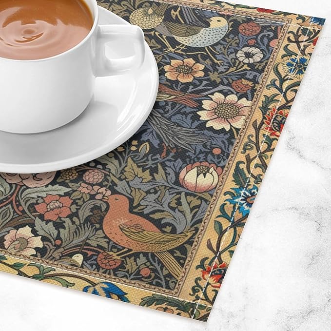 William Morris Bird Placemats Retro Bird Elegant Animal Pattern Linen Washable Table Mats Stain Heat-Resistant Desktop Decor Place Mats for Home Kitchen Dining Party 12x18 in 6 PCS