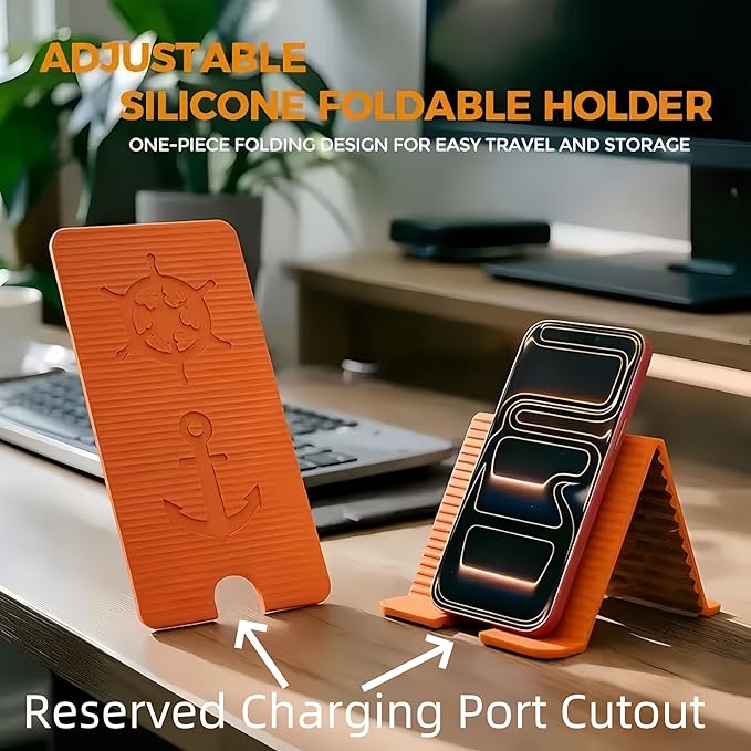 Flexible Silicone Aluminum Phone Holder Tablet Stand with Charging Port Design, Foldable Airplane Laptop/Phone Stand for Home Office Travel (Orange)