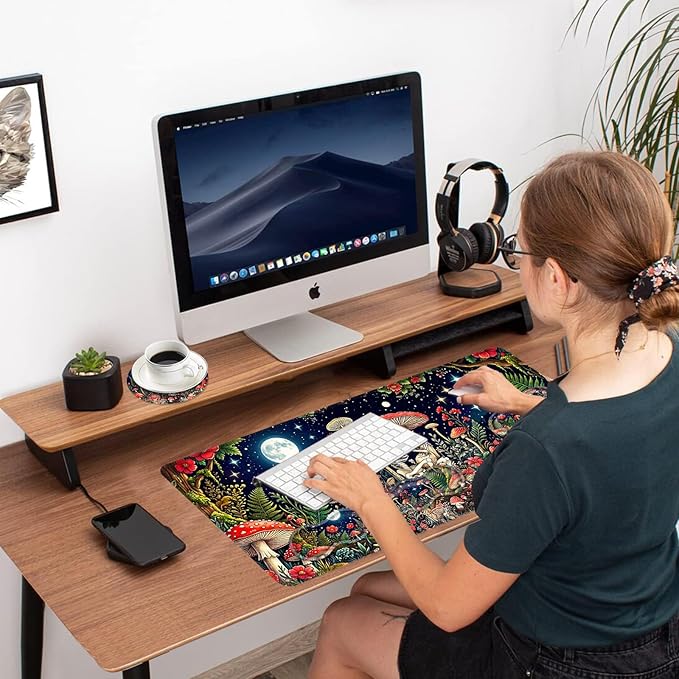 Ergonomic Mouse Pad Set with Wrist Support for Keyboard and Wrist Rest for Mouse, Memory Foam Comfort, Non-Slip Large Desk Mat for Home Office Pain Relief,Mushroom Skull Men Moon