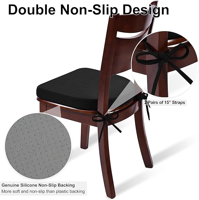 Shinnwa Kitchen Chair Cushions Set of 2, Non-Slip Dining Chair Cushions with Ties and Machine Washable Cover, 2 Pack, 17 x 16.5 x 2in, Black
