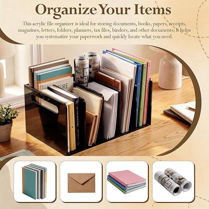 Didaey 1 Pack Acrylic Magazine File Holder, 5 Vertical Compartments Desk Sorter Organizer Magazines Documents Books Accessories Black Folder Rack Binder for Office Home(B5, 5 Sections, Black)