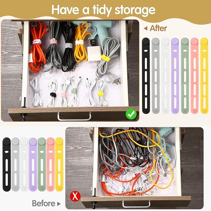 Tellegloww 42 Pcs Silicone Cable Ties Reusable Cord Organizer Adjustable Data Cable Wraps for Earphone Phone Charger Computer Cord Management Straps Travel Essentials(Multicolor,3.15 Inch, 5.12 Inch)
