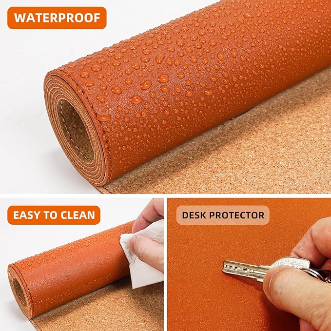 AFIING Cork Desk Mat 35.4" x 17", Dual-Sided Natural Cork & PU Leather Desk Pad, Non-Slip Waterproof Large Mouse Pad for Office, Home & Gaming (Orange)