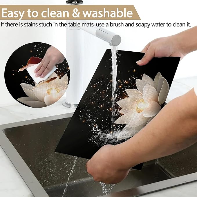 Placemats Set of 6, Lotus Flower Linen Placemats 12x18 Inch, Heat Resistant Table Mats, Washable Non Slip Place Mats for Dining Table Kitchen Home
