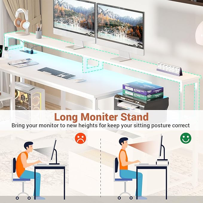 Aheaplus L Shaped Desk with Power Outlet, Reversible L Shaped Computer Desk with File Drawer & Monitor Stand, Gaming Desks with LED Strip, Home Office Desks with Storage Shelf, White