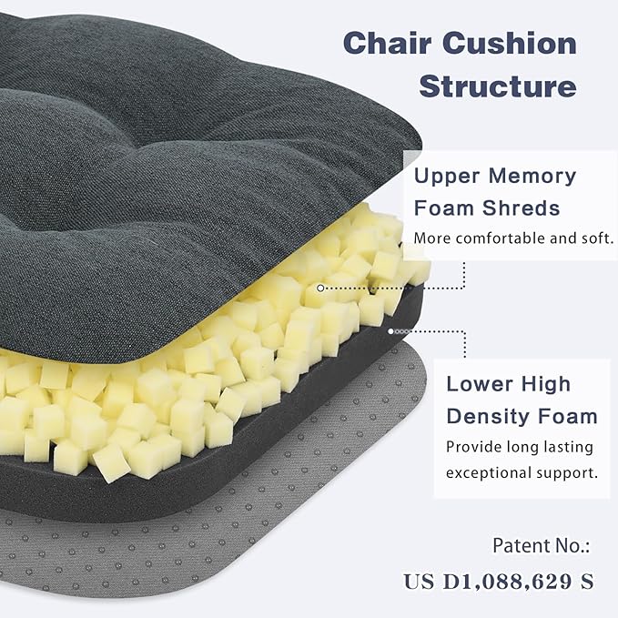 baibu Set of 6 Dining Chair Cushions, Dual-Layer Patent Design Memory Foam Kitchen Chair Cushions, Non-Slip Seat Pads with Ties, 16.5 x 16.5 x 3.5in, 6 Pack, Charcoal Grey